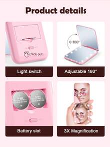 Portable LED Lighted Magnifying Makeup Mirror, 1X/3X Magnification, Foldable Double-Sided Design, Compact & Portable, With Lighting, Suitable For Home Decor, Bathroom, Vanity, Bedroom, Travel, Dorm - Great Gift For Women - Pink - View 7
