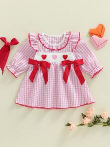Little Toddler Girls Valentine's Day Dress Long Sleeve Ruffled Round Neck Heart Embroidery Bownot Plaid A-Line Dress - 紅色 - 查看 4