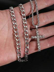 2件套时尚欧美品牌双层水钻不锈钢扭链十字架吊坠项链，朋克风男士配饰 - 銀色 - 查看 3
