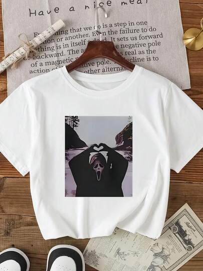 Summer Casual Ghost Graphic Print Crew Neck Regular T-Shirt