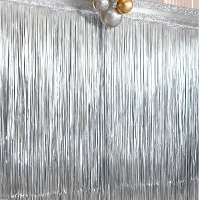6pcs 100*200cm Silver Birthday Party Backdrop Decorative Plastic Rain Curtain, Shiny Rain Curtain Hanging Decoration For Birthday Party, Anniversary, Wedding, Theme Party, Baby Shower, Holiday Party Photo Prop, Room Wall Decor, Home Decor, Party Favor