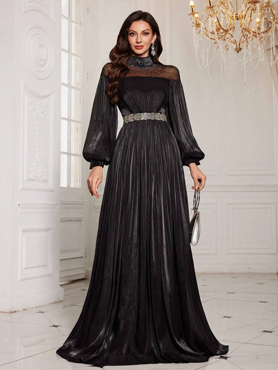 Đầm dạ hội maxi dáng ôm UNITHORSE dành cho nữ, cổ đứng, tay phồng, đính sequin và phối nhiều mảng vải, chất liệu giả lyocell, thích hợp làm đầm cô dâu, đầm dự tiệc, đầm tốt nghiệp và đám cưới. - màu đen - Xem 1