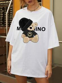 女士休闲白色短袖 T 恤 - 快乐熊和“MIO”印花，针织面料，宽松版型，圆领，可机洗，春夏 - 白色 - 查看 1