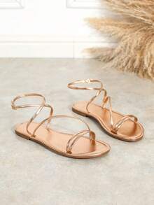 Women's Fashion Comfortable Round Toe Criss-Cross Strap Casual Versatile Strap Flat Sandals, Spring/Summer - Champagne - View 6