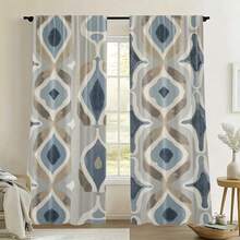 Conjunto de 2 Cortinas Boêmias com Estampa Geométrica em Grade - Design Moderno com Bolsa para Varão, Padrões em Azul e Bege, Perfeitas para Decoração de Quarto, Sala de Estar ou Escritório, Fibra de Poliéster, Laváveis à Máquina, Cortinas Versáteis para Sala de Estar - Multicolorido - Ver 6