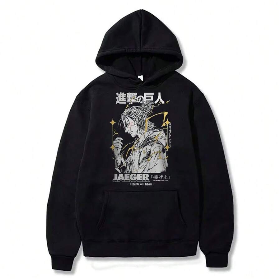 AttackSon Titan Eren Jaeger Intense Stance Pullover Hoodies Printed Hoodies Men's And Women's Hoodies Vintage Unisex Hoodie With Pockets Long Sleeve Casual Top Men & Women Graphic Hoodies & Sweatshirts Funny Hoodie Spring Autumn And Winter Streetwear Clothes For Male & Female - Black - View 1
