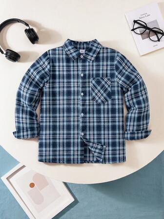 Young Boy Classic Street Casual Red & Black Plaid Long Sleeve Shirt