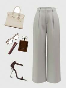 SMILE CHIC 复古高腰西装裤，适合春夏穿着，宽松显瘦垂坠面料，轻盈透气直筒阔腿裤，休闲通勤日常百搭单品。 - 燧石 - 查看 3