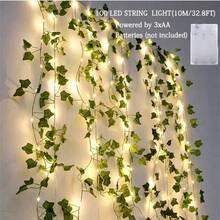 1pc 2/5/10m 20/50/100 LED Artificial Ivy Vine Lights String, Plastic Green Leaf Garland, Battery Powered, Suitable For Bedroom, Wedding, Party, Christmas Indoor Decor Lighting (Batteries Not Included) - Warm White - View 9