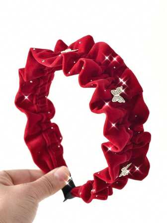 1件天鹅绒复古水钻蝴蝶发箍，带荷叶边装饰，时尚女童款