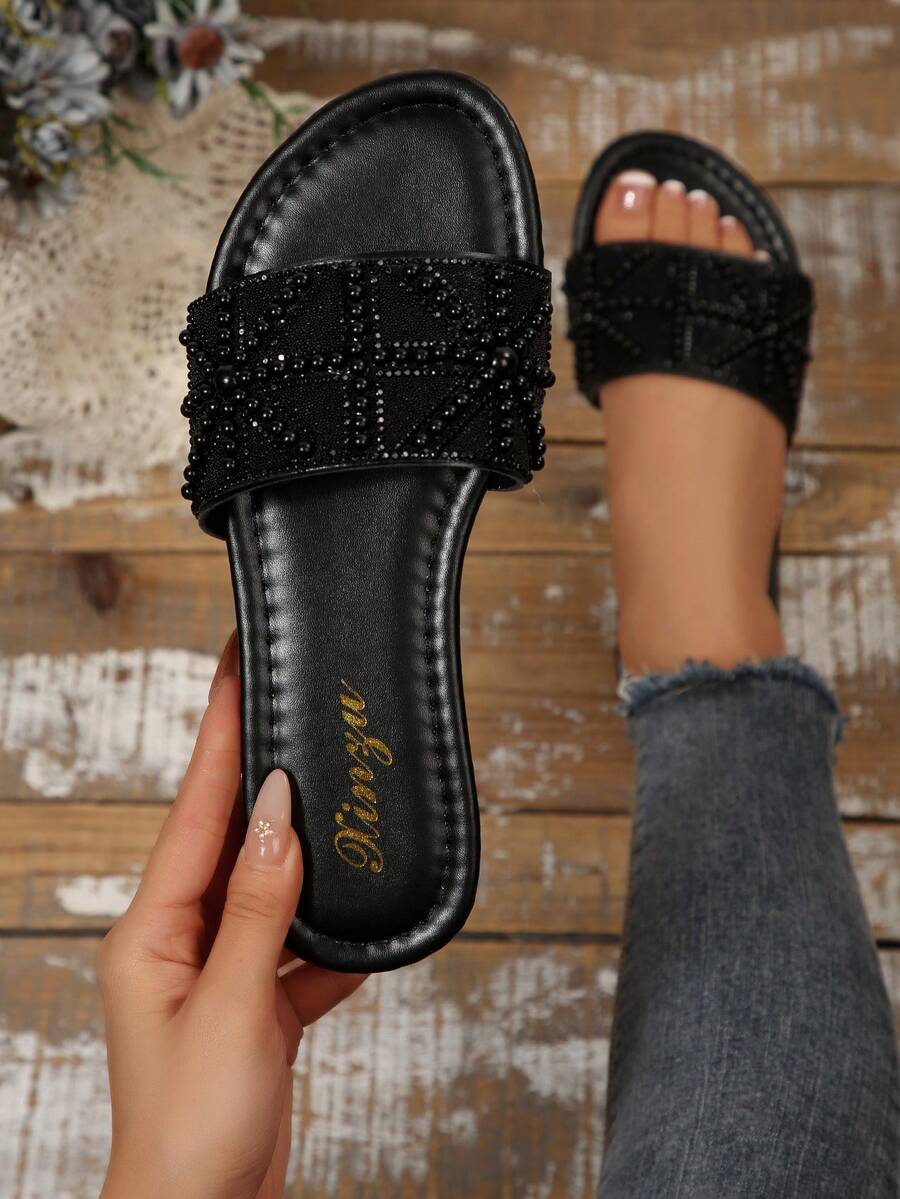 2025 New Arrival Women's Slippers, Square Heel Flat Round Toe Rhinestone Pearl Mules, Plus Size Luxury Casual Slip-On Sandals, Versatile & Anti-Slip,Spring Summer Outfits - Black - View 1