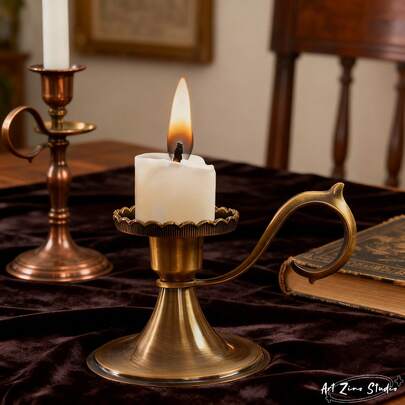 1pc Art Zino Studio Vintage Style Zinc Alloy Candle Holder, Featuring Antique Bronze Color, Unique Curved Artistic Handle, Floral Edge Candle Tray, Conical Base Design, Detailed And Textured. Stable Candle Placement For Cozy Ambiance, Suitable For Vintage-Themed Parties, Home Decor, Candlelight Dinners, All Seasons