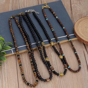 复古天然石项链 冥想熔岩石木质疗愈石念珠项链 男女皆宜首饰