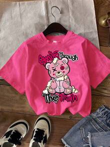1PC Girls Cool Ripped Bear Print Short Sleeve T - Shirt, Soft Skin - Friendly Fabric, Daily Casual Summer Style - Hot Pink - View 2