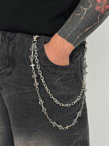 1pc Punk Style Skull Metal Pant Chain, Diagonal Cross Chain For Street, Halloween Costume Decoration, Suitable For Summer, Autumn, Winter, Campus, Halloween, Suitable For Teenagers, Youth, Men, Casual, Outdoor, Sports, Vacation, Graduation Gift, Birthday, Daily Wear