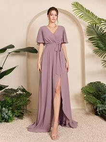 Mgiacy-Pop，新品，V领，纯色，伴娘礼服，褶饰荷叶边，荷叶袖，腰带，不对称，雪纺，长裙 - 紫色 - 查看 1
