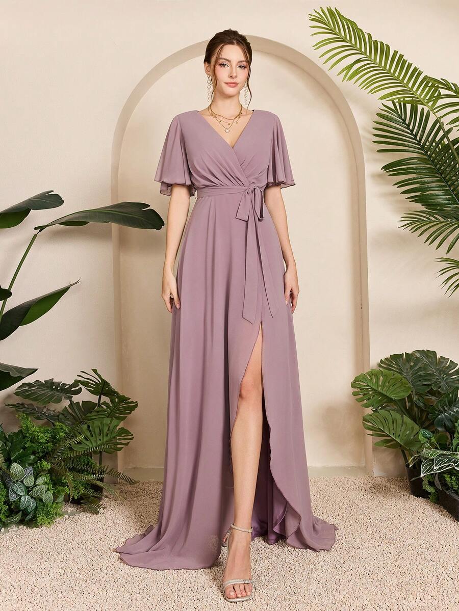 Mgiacy-Pop，新品，V领，纯色，伴娘礼服，褶饰荷叶边，荷叶袖，腰带，不对称，雪纺，长裙 - 紫色 - 查看 1