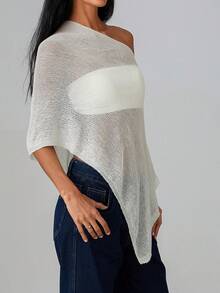 Women Sheer Poncho Top Lightweight Knit Crochet Shrug Bolero Mesh Batwing Sleeve Sweater Cover Up Beachwear - 白色 - 查看 4