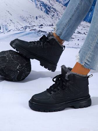 Women's Fashionable Patchwork High-Top Casual Sneakers, Winter Warm Fleece Snow Boots, Classic Colorway, Suitable For Urban Commuting, Lightweight, Soft Sole, Non-Slip, College Style, Essential Holiday Gift