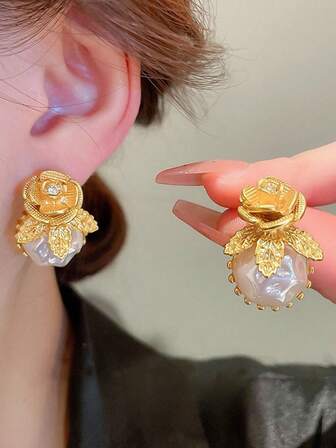 1 Pair Golden Rose & Faux Pearl Earrings, Exaggerated Bridal French Style Earrings For Women, Versatile For Autumn/Winter