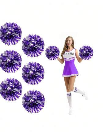 Pompones de animación de color morado mezclado con plateado, muy adecuados para eventos deportivos y actuaciones de baile. Los pompones de animación son aplicables para baile, reuniones deportivas de escuelas de danza, equipos de animación y deportes de equipo.