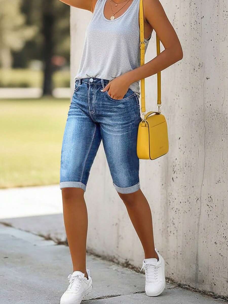 Quần short denim nữ thời trang thường ngày, thích hợp cho mùa xuân/hè. - Rửa trung bình - Xem 1