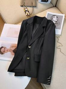 Women's Fashionable Solid Color Blazer Jacket Black Spring - Black - View 4