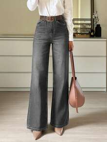 9650# Stretchy Denim Straight Leg Pants, Elegant & Fashionable, Casual & Versatile, Wide Leg Flare Women Denim Trousers