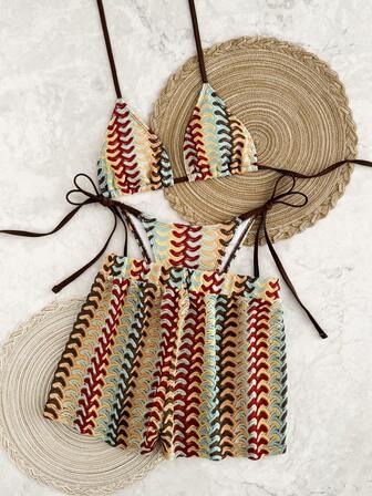 3pcs/Set Striped Bohemian Tie-Up Bikini Set, Summer Vacation