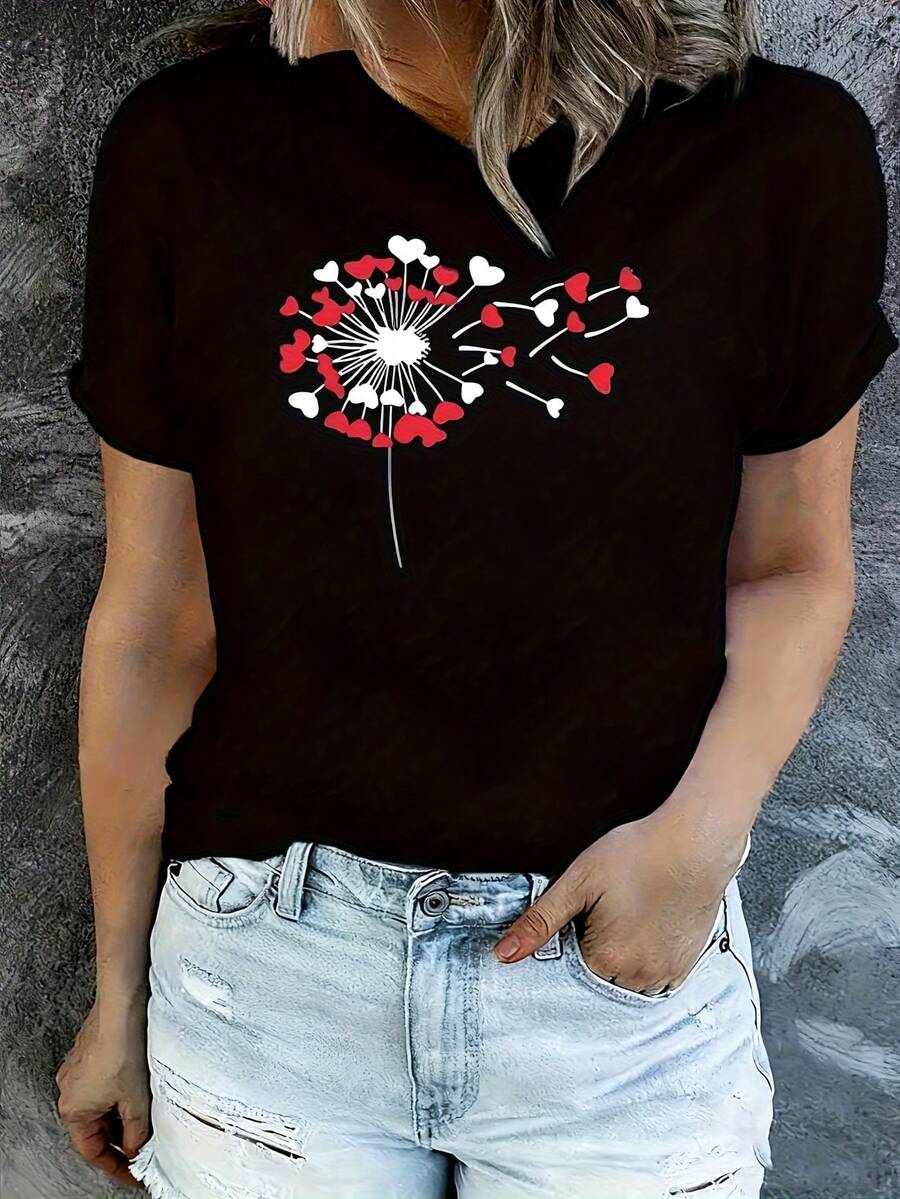 Valentine's Day (44) 1 Pcs Women's Plus Size T-Shirt Funny Oversized Graphic Short Sleeve Tee Novelty 100% Polyester Versatile Shirt Casual Crew Neck Top 220g - 黑色 - 查看 1