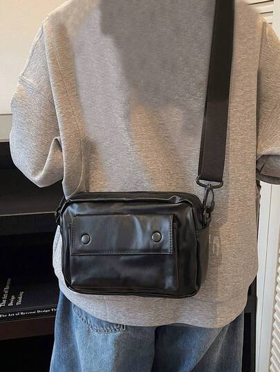 新款时尚简约日系纯色双口袋单肩斜挎包