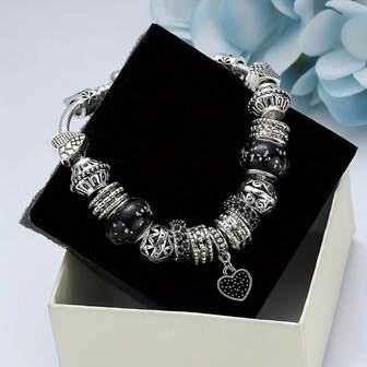1 pieza Pulsera de cuentas de aleación de estilo europeo con cristal de cristal, dije de corazón DIY y colgante de diamante, accesorio de joyería elegante, regalo de cumpleaños, Día de San Valentín, Día de la Madre