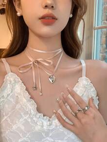1 pieza Collar con colgante con forma de corazón y cinta, collar con corazón rosa, estilo de niña de ballet