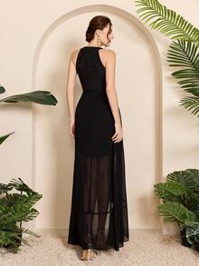 Mgiacy-流行、新品、圆领、撞色蕾丝、古典、伴娘服、荷叶边、前短后长、雪纺、长裙、适合、婚礼嘉宾 - 黑色 - 查看 2