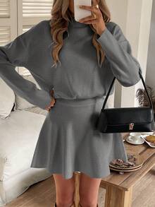 PoPoHouse Women's Solid Color Stand Collar Knit Dress, Elegant For Commuting In Winter And Spring - Grey - View 8