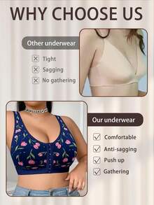 Plus Size Comfortable Wireless Printed Front Closure Bra - Navy Blue - View 6
