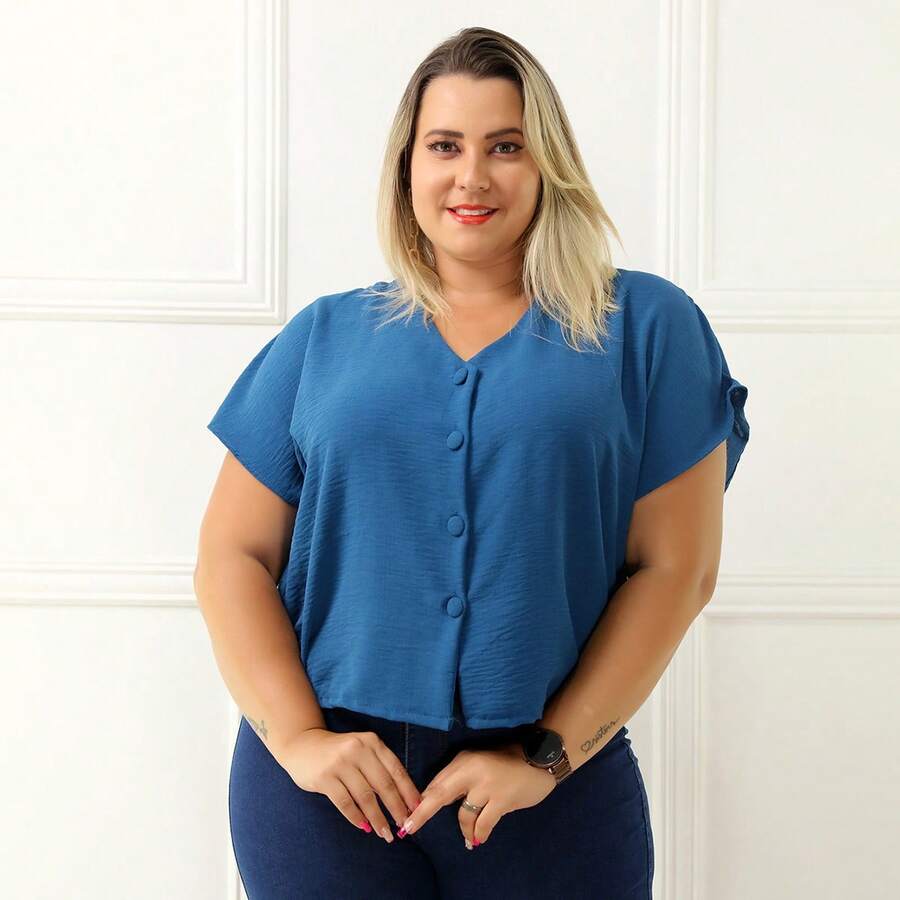 Plus Size Blouse, Sizes 46 To 50, Covered Button - Blågrön - Visa 1