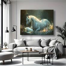 Arte de pared en lienzo 2D plano, elegante de caballo blanco y cisne - pintura clásica con marco de madera, colores pastel serenos (beige, azul, verde, dorado) - decoración para el hogar interior/exterior - transparente - Ver 5
