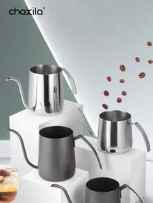 1 Peça Chaleira de Café de Derramamento de Precisão, Aço Inoxidável, Com Design Estilizado, Minimalista Preto e Prata, Bico Longo e Estreito, Perfeita para Preparo de Café, Chaleira de Gotejamento Manual para Uso Diário em Casa e Café - Pote - Visão 3