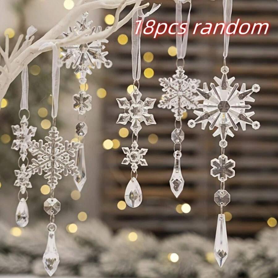 18pcs/Set Crystal Ornaments - Hanging Acrylic Icicle & Snowflake Crystal Decorations, Suitable For Christmas Tree, Winter New Year Party Supplies - White - View 1
