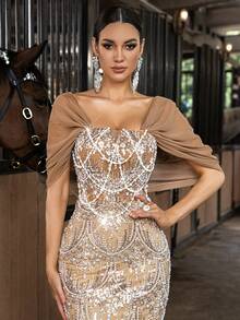 Glamorous Beaded Evening Gown, Women's Sequin Formal Maxi Dress, Sleeveless Backless Mermaid Solid Color - Champagne - View 7