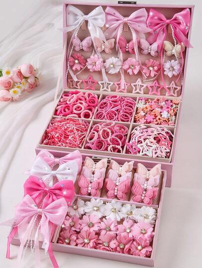 443pcs/Set Girls' Pink Pearl Butterfly Hair Clips, Cute Princess Hair Accessories, Elastic & Durable Hair Ties, Bangs Clips, Versatile For Daily Use