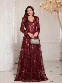 UNITHORSE 女士优雅V领长袖亮片刺绣腰部正式晚礼服 - 酒紅色 - 查看 3