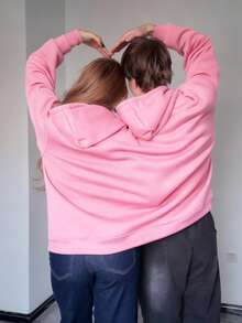 闺蜜/情侣必备，女士独特长袖连帽卫衣，双帽设计，宽松版型，长款，均码，适合秋冬季节，休闲/简约/Y2K/办公/可爱风格，日常、度假、上学、居家、街头皆宜。 - 粉色 - 查看 7
