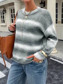 Live To Mo Women's Winter Sweater, Y2K Valentine's Day Outfit, Women's Casual Long Sleeve Knit Top - Cute Striped Blue Pullover, Essential For Daily Wear - Grey - View 6