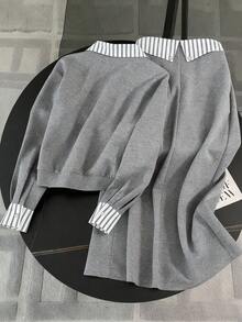 PARARAL Plus Size Women Spring Fashion Casual Commute Versatile Solid Color Stripe Splice Long Sleeve Top & Contrast Color Skirt 2 Piece Set, Women Spring Outfit, Office Wear, Airport Outfit, Valentine's Day Date Outfit