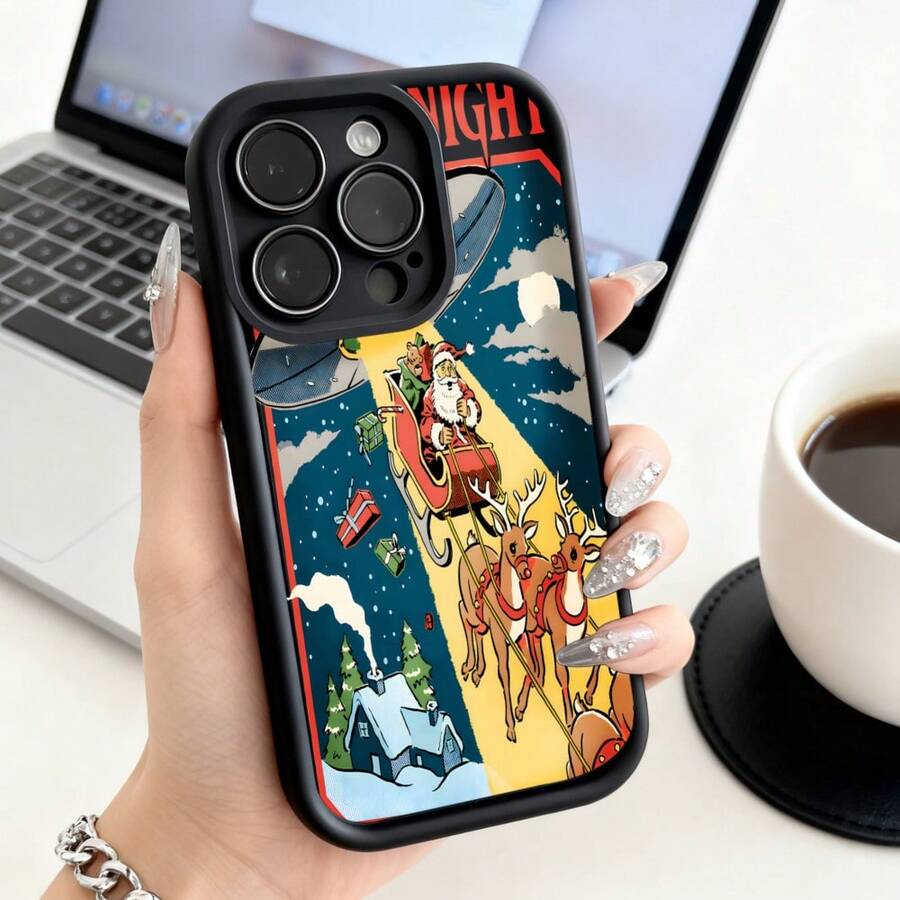Cubierta de teléfono con borde negro diseño navideño Papá Noel en trineo con renos y texto NIGHT para uso diario y festivoCompatible with 16 Pro Max/16 Plus/16 Pro/16/15 Pro Max/15 Plus/15 Pro/15/14 Pro Max/14 Plus/14 Pro/14/13 Pro Max/13 Pro/13/12 Pro Max/12 Pro/12/11 Pro Max/11 Pro/11/XS Max/XR/X/7 Plus/7 TPU Drop-Proof and Stain-Resistant Protective Soft Case - Negro - Ver 1