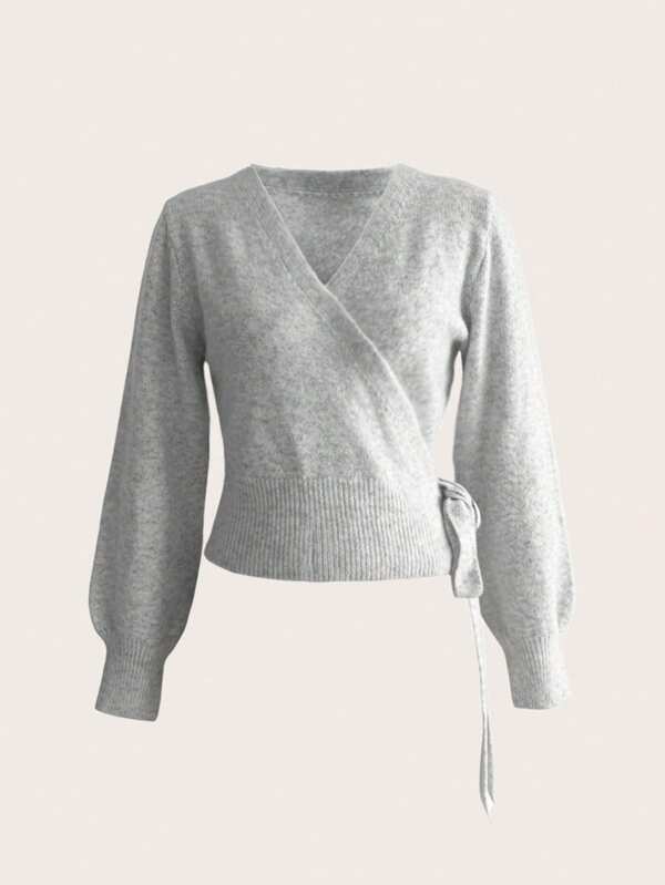 2025 Autumn/Winter Wrap Tie Knit Sweater, White, Women's Essential For Home, Commute, Date, Travel, Suitable For Various Occasions, Light Gray
