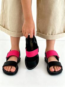 2024 Summer New Girls' Casual Hook And Loop Sandals, Black & Red Versatile Soft Bottom Open Toe Sandals, Essential For Beach Vacation & Daily Wear, Popular Children's Fashion Sandals, Soft Bottom Won't Rub Feet - Black - View 1