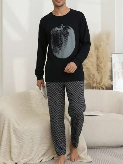 男士苹果印花圆领长袖家居服套装，休闲宽松高端两件套睡衣，适合秋冬季穿着